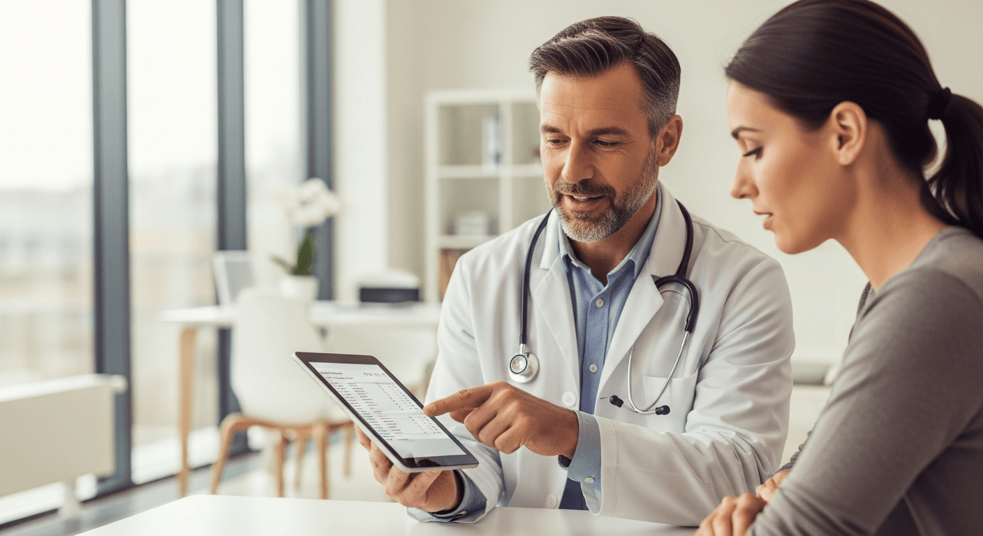 Ein Arzt berät einen Patienten in einer modernen Klinik über Blutergebnisse