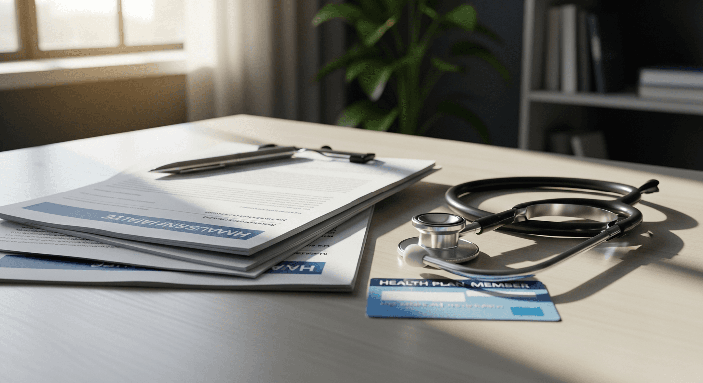 Krankenversicherungsdokumente und ein Stethoskop auf einem Schreibtisch