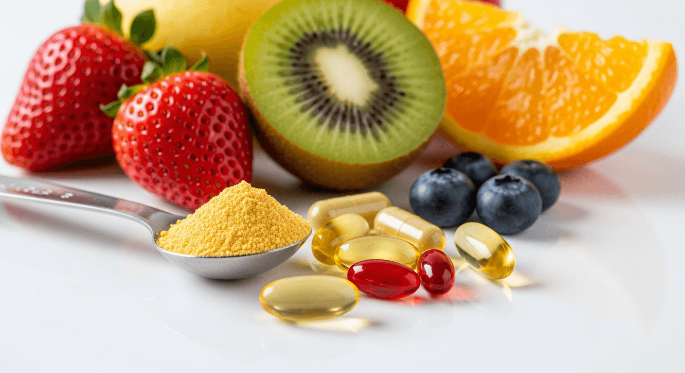 Frisches Obst und Nahrungsergänzungsmittel als Symbole für Vitamine und Mineralstoffe